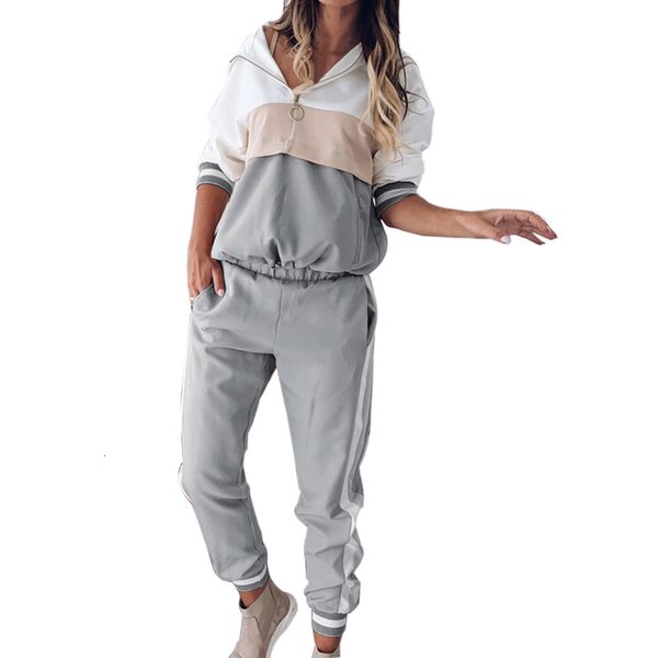 

laamei casual 2pcs women leopard long seleeve hoodies sports pants tracksuit sweatshirt suit jogging sport tracksuit, Gray