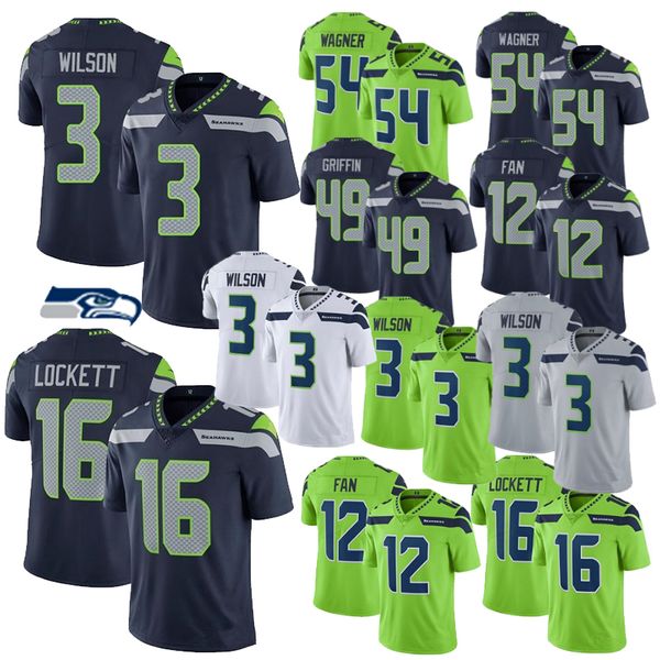 

men women seattle youth seahawk 3 russell wilson 14 dk metcalf 54 bobby wagner 24 marshawn lynch lockett football jersey, Black