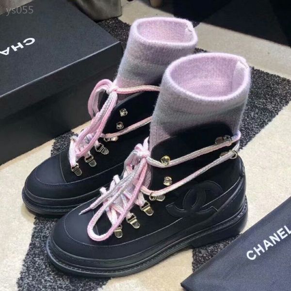 

fall / winter 19 new high-end short boots women's fashion wool knitted wool low heel ankle boots lace up breathable, Black
