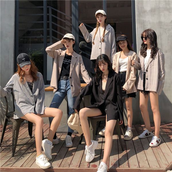 

корейский свободный пиджак mujer 2019 года винтажные женские пиджаки и пиджаки больших размеров в клетку feminina, White;black