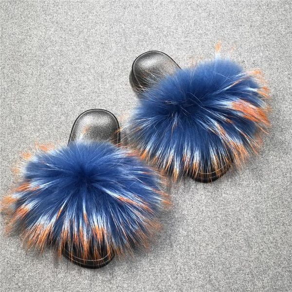 

women's furry slippers ladies cute plush raccoon hair fluffy slippers women's fur winter warm for women hot, Black