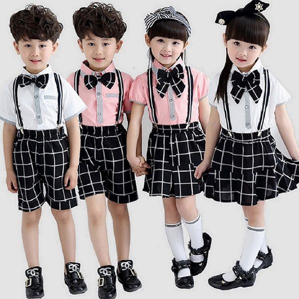 

plaid children school uniform costume performance clothing boy girl kindergarten kids cheerleader students clothes bib pants, Blue