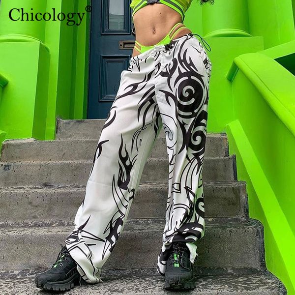 

chicology tribal black & white print wide leg joggers streetwear pants bottom 2020 autumn winter cool women casual trousers