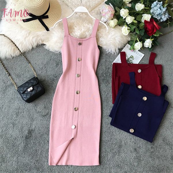 

2020 slim summer button knitted midi dress women vestido de button festa casual party bodycon tank evening elegant knee length vestidos, Black;gray