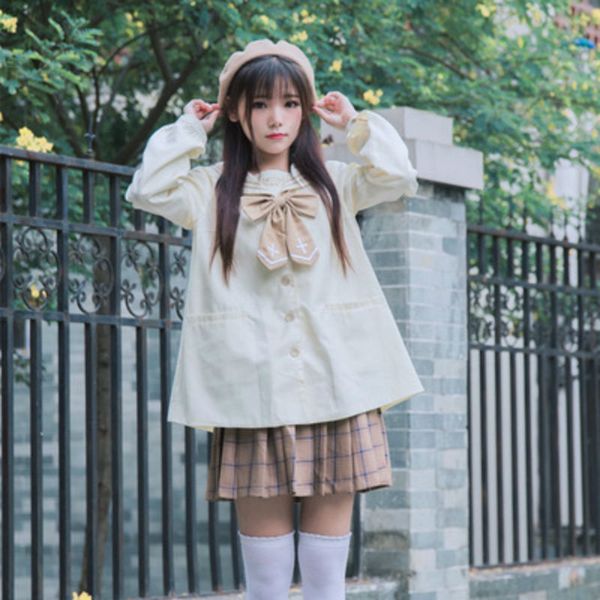 

japanese sweet bow tie embroidery solid college style jackets women loose sailor collar wider jacket coat lolita coat outwear, Black;red
