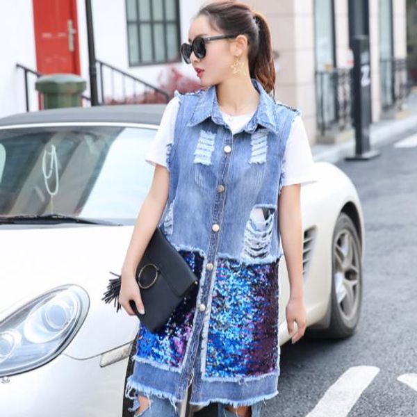 

street sequins patchwork long denim vest basic gilet frayed holes waistcoat for women sleeveless colete feminino ae367, Black;white