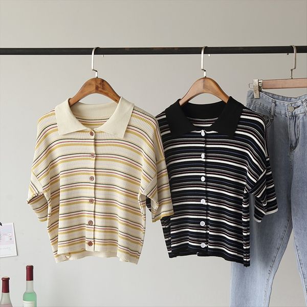 

omallay ] casual fresh and age-reducing polo lapel stripe loose and soft knitted t-shirt slim 4163, White