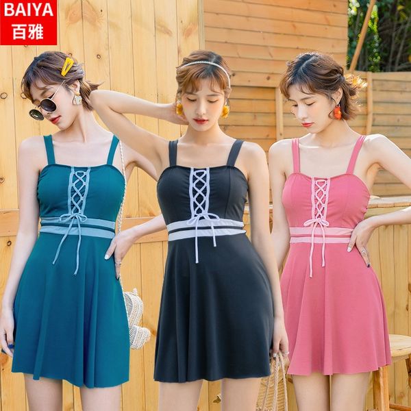 

женская ins цельная юбка тонкий консервативный сбор горячая весна платье купальник купальник 032031, White;black