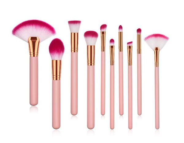

beauty tools 10pcs makeup eye brushes set pink plastic handle gold tube brush