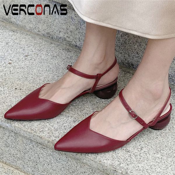 

verconas women new arrival round heel sweet pointed toe high heels sandals party pumps genuine leather shoes woman, Black