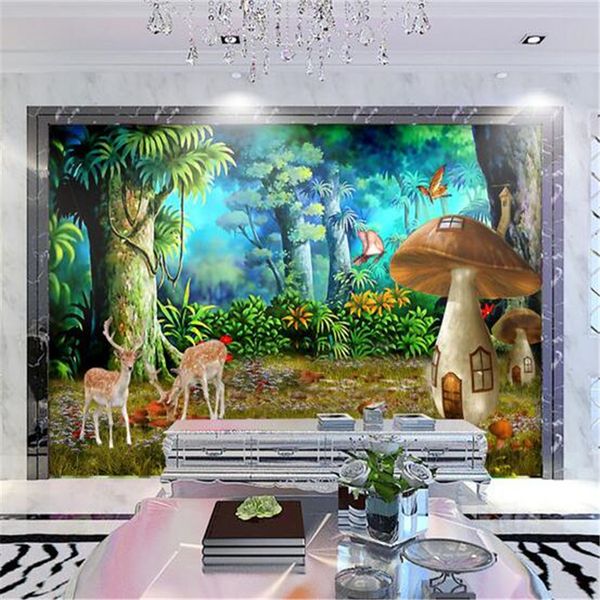 beibehang papel de parede Carta da parati personalizzata adesivi murali affresco fantasia estetica foresta funghi cervi sfondo carta da parati