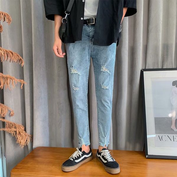 

wholesale 2019 washing stretch men' jeans hombre summer autumn thin streetwear slim distressed ripped hole teenagers feet pants, Blue
