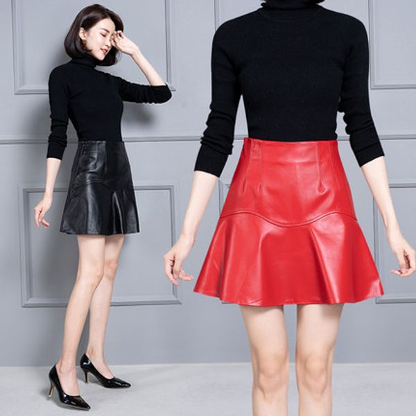 

2019 new fashion genuine sheep real leather skirt k25, Black