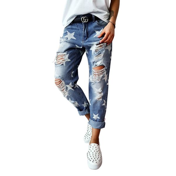 

star printed jeans women 9 points spring and autumn new high waist slimming hole tight ankle pants, Blue