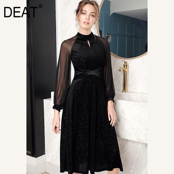 

deat] 2019 new spring summer stand collar long lantern sleeve velvet perspective temperament dress women fashion tide jr079, Black;gray