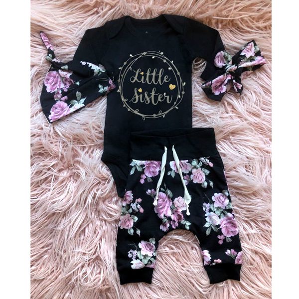 

4pcs newborn baby clothes girls clothes sets floral cotton long sleeve romper pants headband hats spring fall girl infant outfit, White