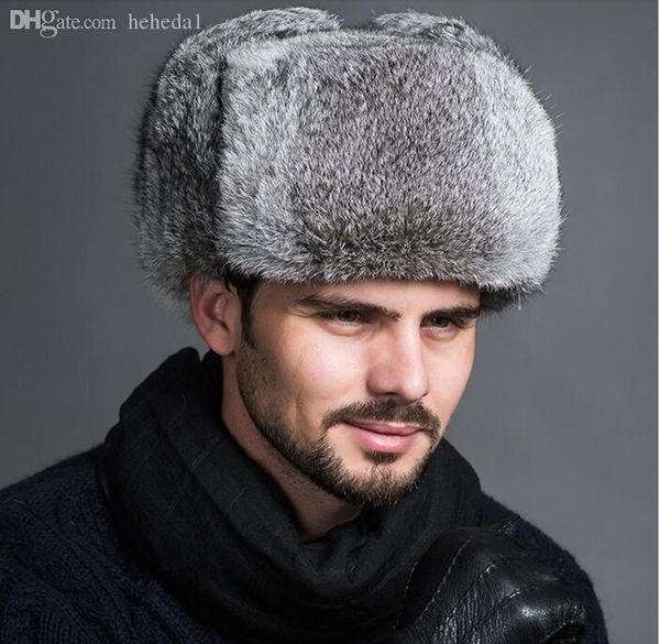 

wholesale-mens 100% real rabbit fur winter hats lei feng hat with ear flaps outdoor warm snow caps russian hat bomber cap, Blue;gray