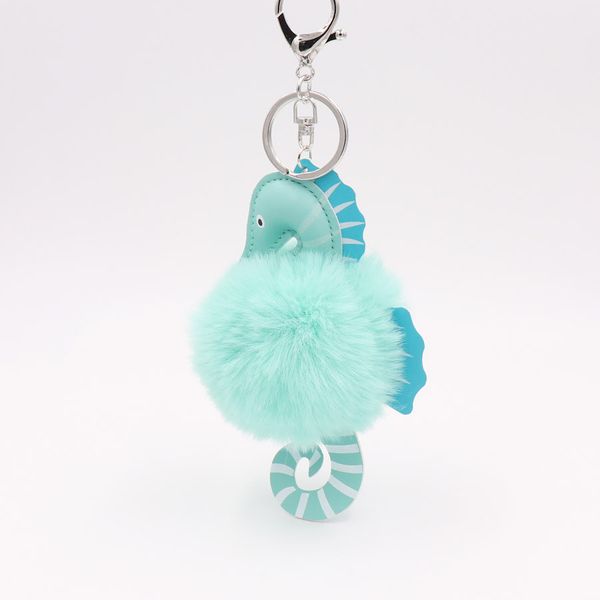 

new fashion faux fluffy puff ball lovely leather seahorse pompom keychain car key chain ring women handbag pom pom jewelry, Silver