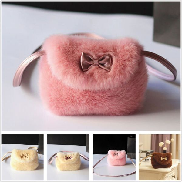 

girls fashion cute fluff mini bowknot crossbody bags soft fur handbags bag purse, Black