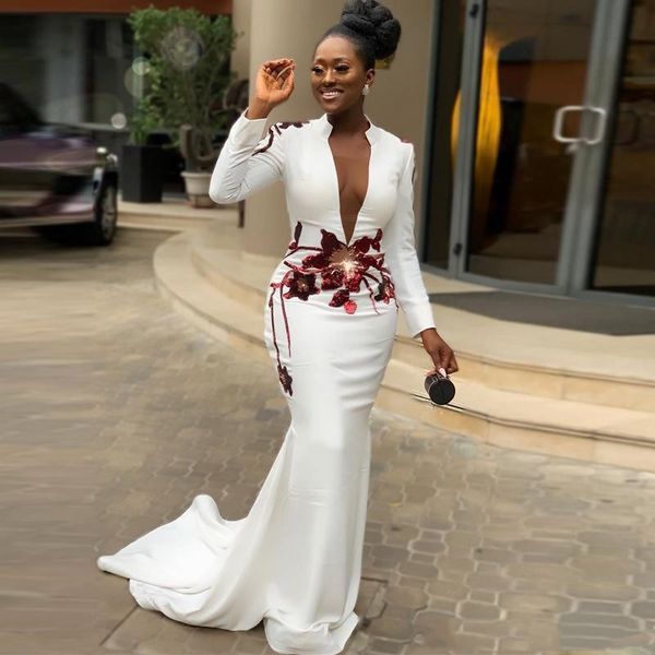 

white mermaid sequined appliques evening dresses high neck long sleeve africa evening gown satin sweep train celebrity dress, Black;red