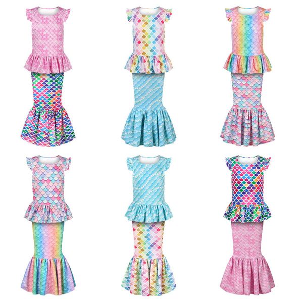 

kids girl 3d mermaid scale shirt mermaid cosplay dress set little mermaid princess dress summer children beach clothing, Red;yellow
