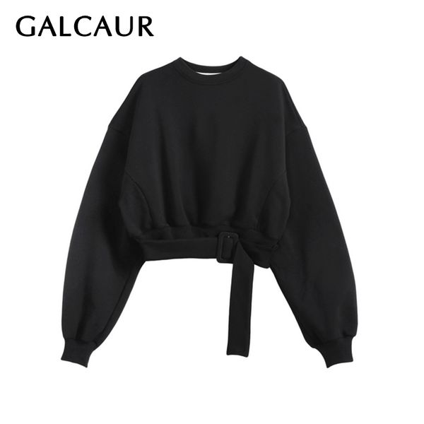 

galcaur korean oversized hoodie female o neck long sleeve lace up tunic short sweatshirt women clothes 2019 autumn winter new, Black