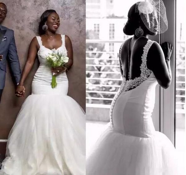 

backless new wedding dress african plus size with straps applique beaded satin tulle country wedding dresses bridal gowns, White