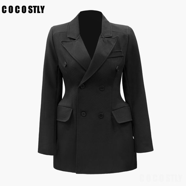 

2019 designer women blazer jacket women's double breasted buttons black slim office lady black blazer outwear, White;black