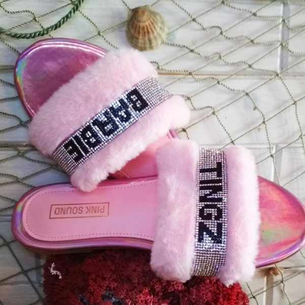 

women plush shoes homewear fashion wild hair slippers bright diamond letter warm fur sandals female new basic flip flop flat, Black