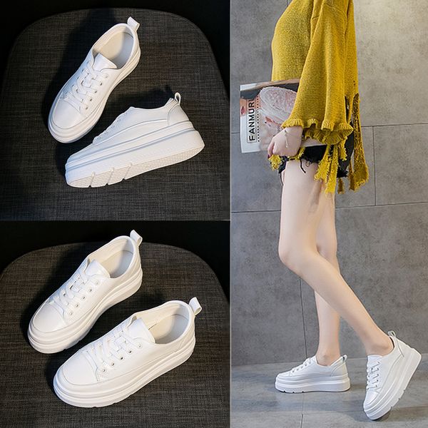 

2019 autumn new style elevator women's shoes platform shoes women's thick bottomed white first layer leather versati, Black
