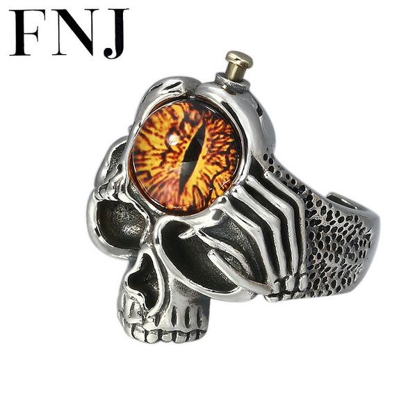 

fnj punk skull rings 925 silver adjustable size open popular eye yellow resin stone s925 solid silver ring for men jewelry fine, Golden;silver