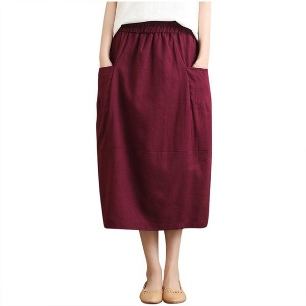 

women retro style mid calf skirt pure color pocket fashion casual slit skirts casual loose summer linen fashionable skirt yl5, Black