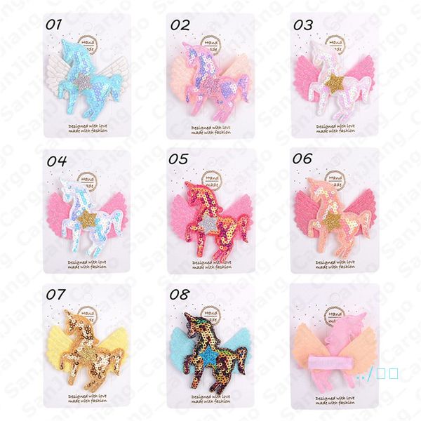 

8 colors girls cartoon unicorn hair clips bow hairpin colorful barrettes girl hair accessories sequins rainbow kids hair clipper e5406, Slivery;white