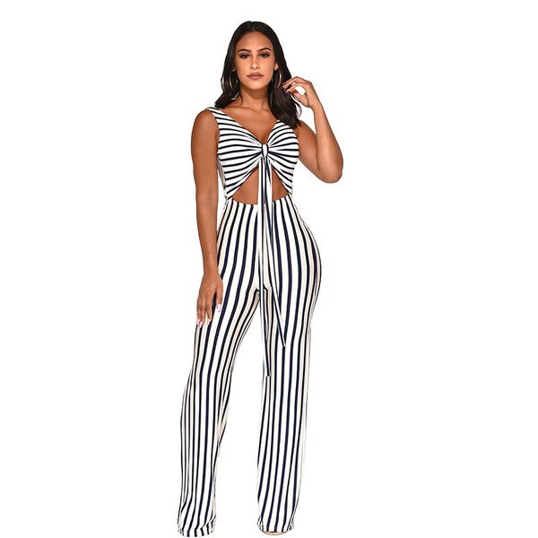 

striped v neck strapless strap sleeveless bandage crop with loose pants women slim jumpsuits, Black;white