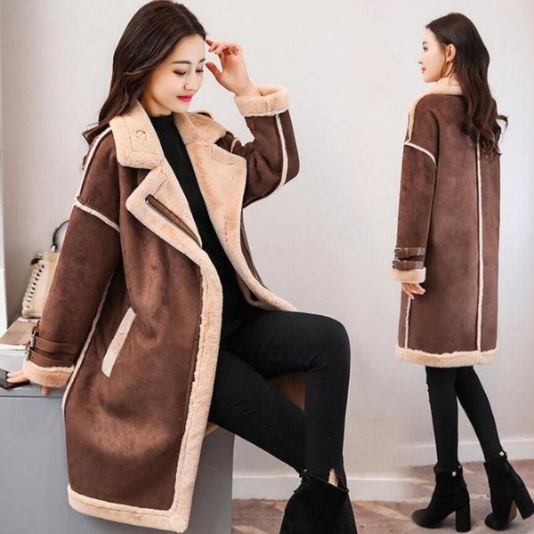 

s-2xl women's 2018 winter lamb fur collar suede coat female long section thickening plus velvet cotton jacket tide windbreaker, Black
