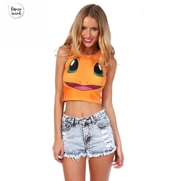 

cartoon new pattern crop women camis pikachu charmander squirtle colorful tank print sleeveless tee vest, White