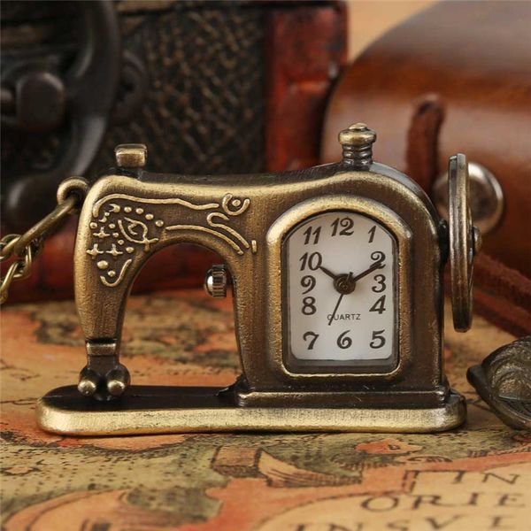 Relógio de bolso com design de máquina de costura de bronze antigo quartzo analógico corrente relógios para presente feminino masculino