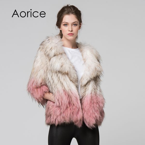 

ct7044 women new knitted real raccoon fur coat full sleeve genuine winter fur brand new style jacket gradient color, Black