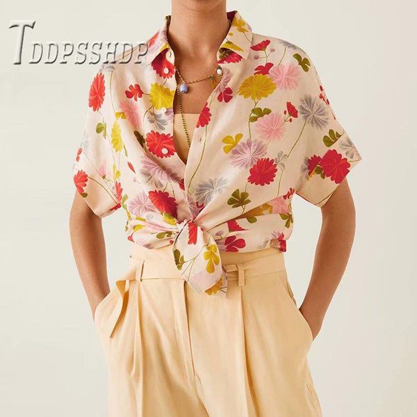 

red pink yellow flower short sleeve women blouse 2019 summer refreshing female blouses, White