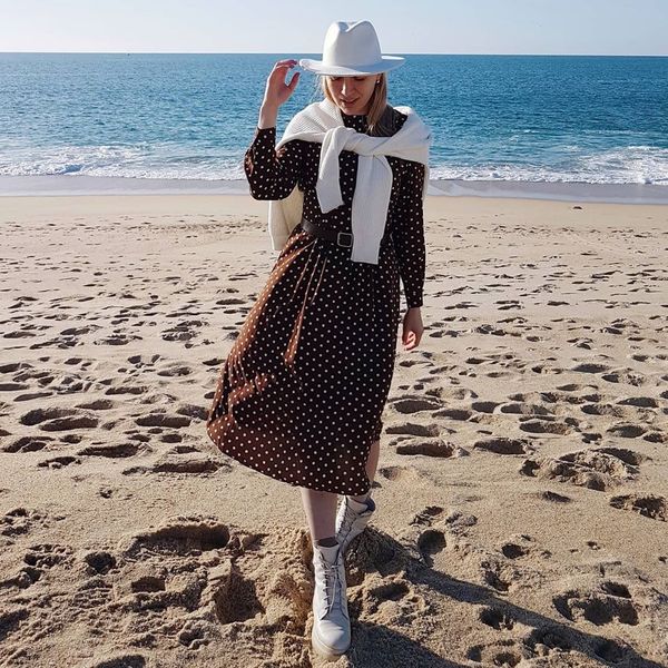 

2020 chiffon dress women dot full sleeve dress spring elegant elastic waist o-neck lantern sleeve ladies dress, Black;gray