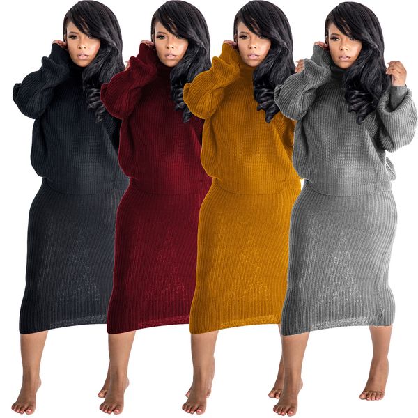 

women high neck long sleeves solid color sweater knit bodycon club party casual knee length skirts set two piece dress, White