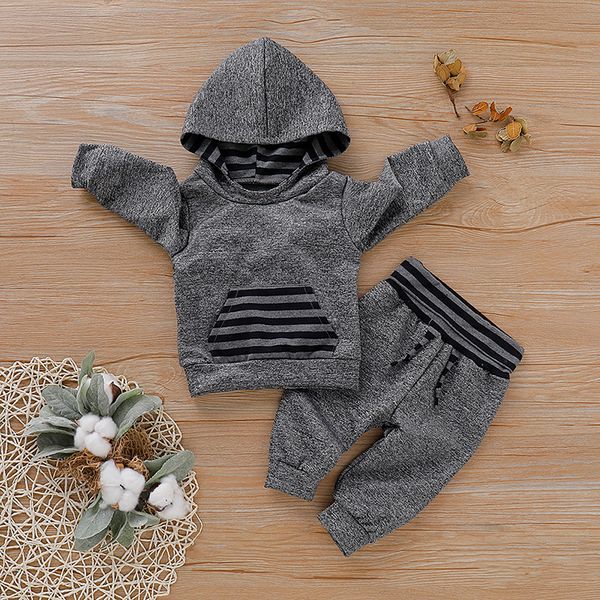 

autumn baby boys sets outfits long sleeve striped hoodie sweatshirt with pocket+trousers casual sets for boy, White