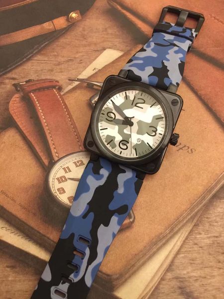 

мужская bellross aviation автоматический камуфляж циферблат 42 мм мужские часы часы квадратный корпус синий резиновый ремень открытый наручн, Slivery;brown