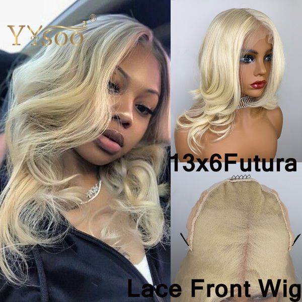 

yysoo 13x6 short blonde futura synthetic lace front wig body wave half hand tied wigs natural hairline heat resistant fiber hair, Black