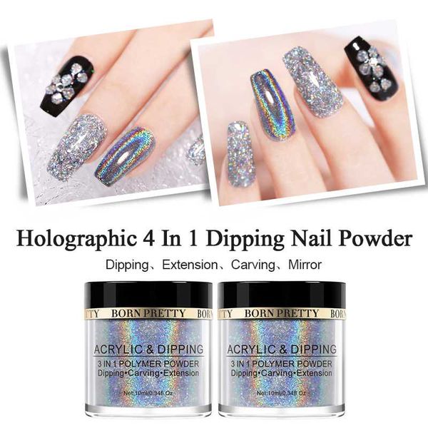 

born pretty 10ml dipping nail power 4 in 1 holographic laser acrylic polyment powder carving extension mirror nail art decor, Silver;gold