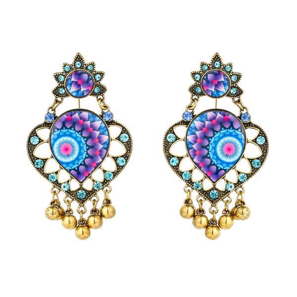 

retro style mandala flower pattern heart-shaped with tassel beads drop dangle earrings for women, Silver
