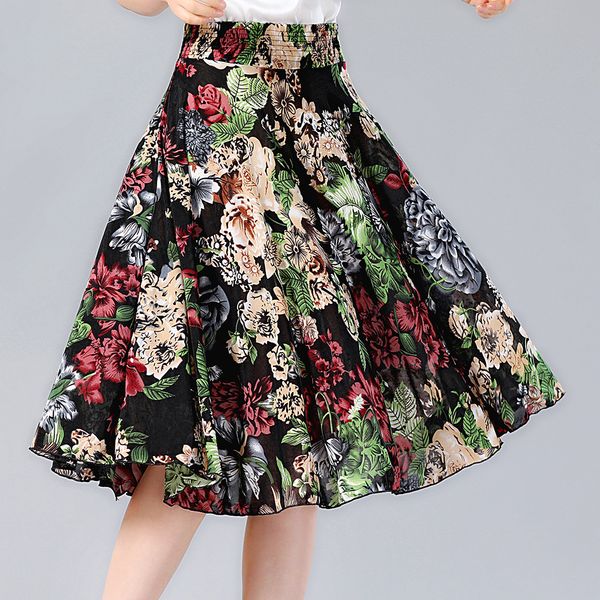 

snow pinnacle high waist summer floral skirts ladys knee-length long saia feminina skirt 27 styled printed beach skirt, Black