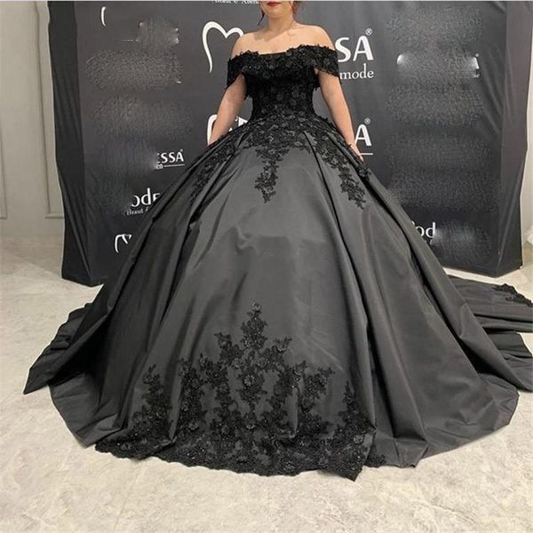 

vintage black ball gown evening dresses party gowns sweetheart off the shoulder lace 3d appliques prom dress 2020 vestidos, White;black