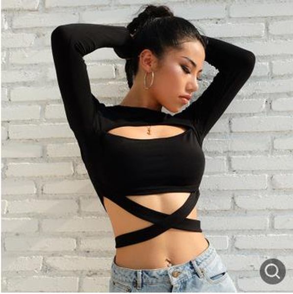 

2019new женщин длинный рукав культур топ short hot clubwear футболка sexy ажурные обвязки блузка для женщин черный желтый s  l, White