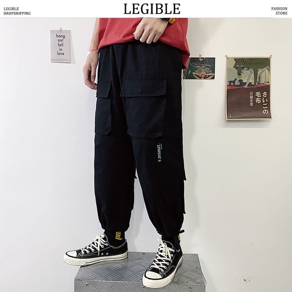 

legible cargo pants men multi-pocket mens pants elastic waist harem pant hip hop casual loose streetwear men trousers, Black